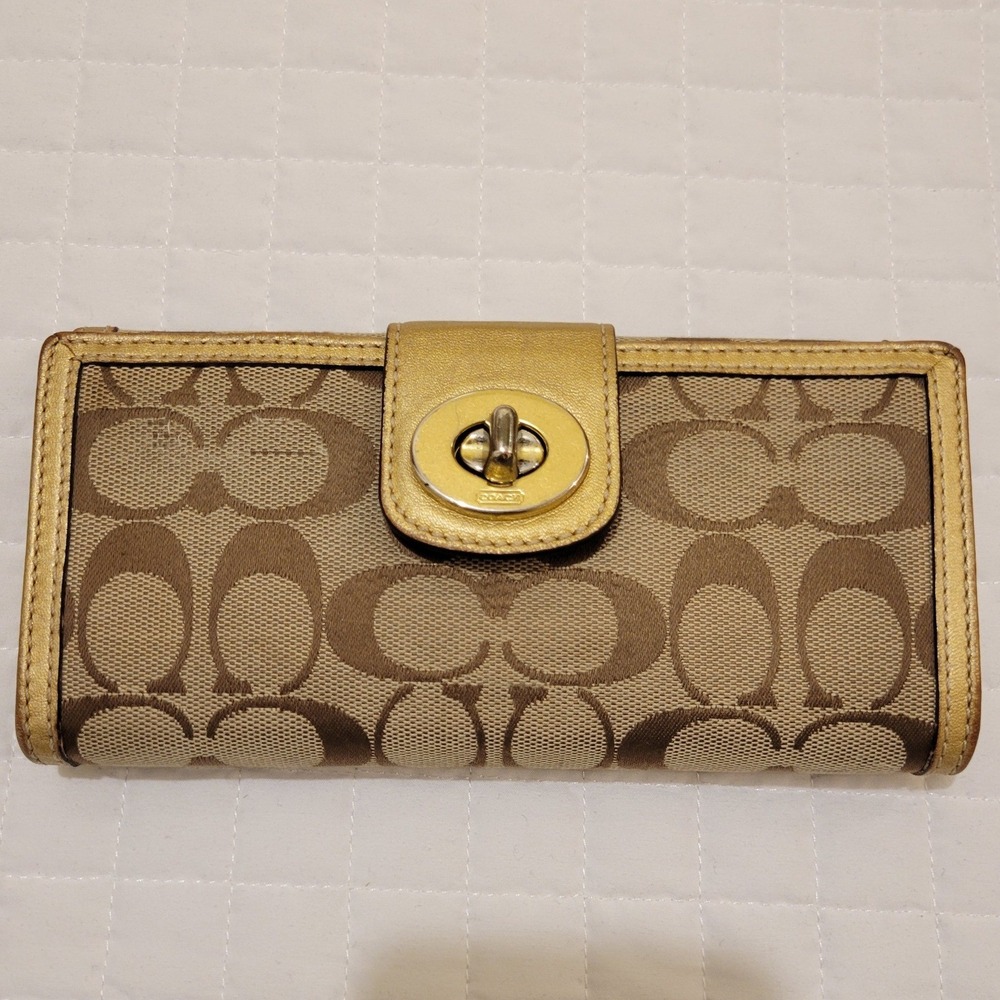 VTG Coach Signature‎ C Turnlock Envelope Wallet Khaki Brown Canvas Gold Trim Hot - Picture 14 of 16